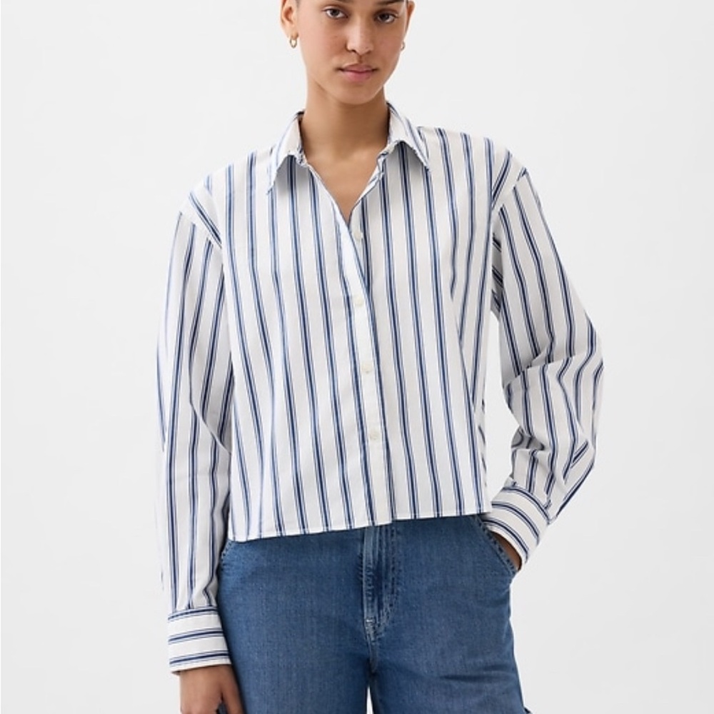 GAP Beige Striped Cropped 100% Linen Shirt